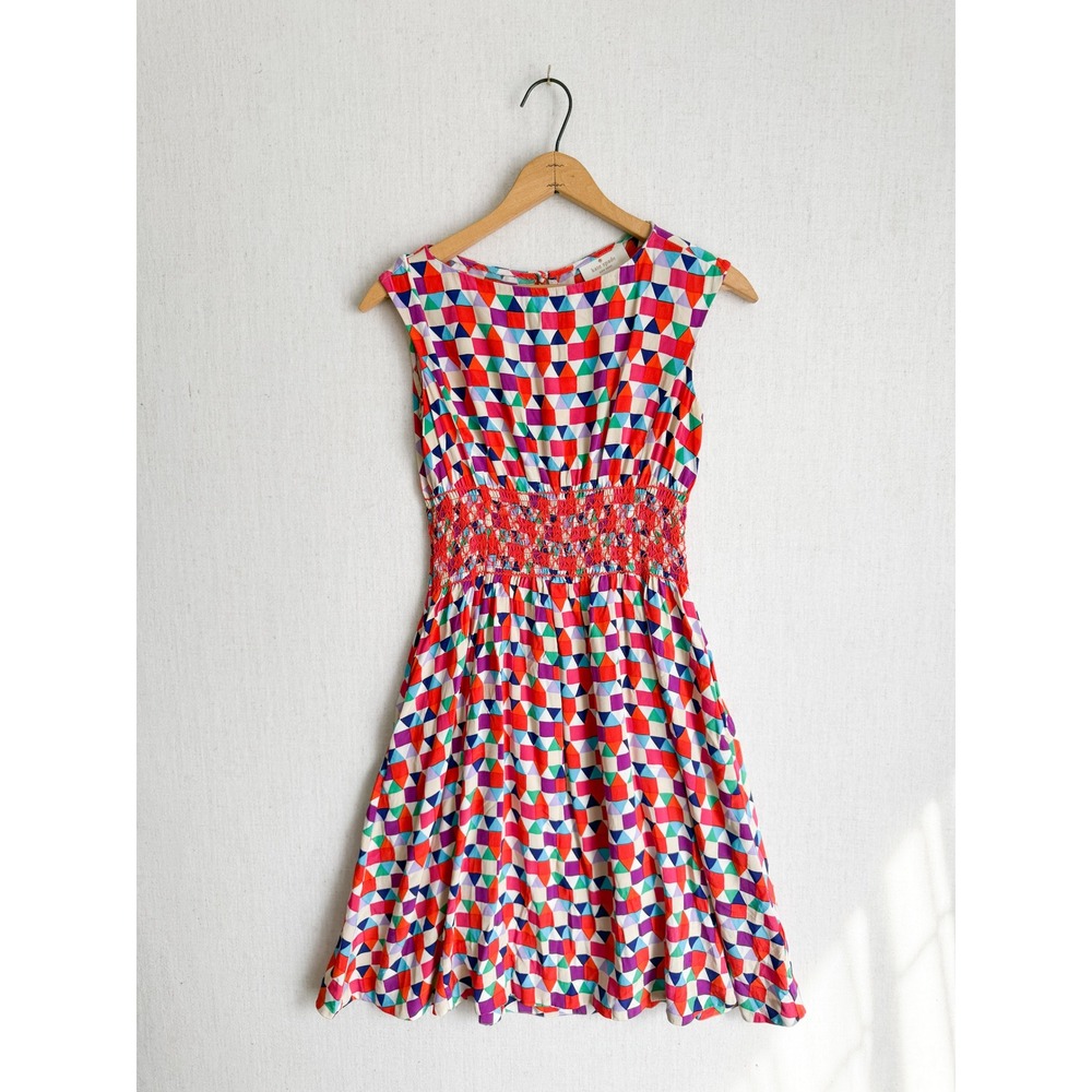 Kate Spade New York Abbey Silk Geometric Triangle‎ Smocked Waist Dress Size 0